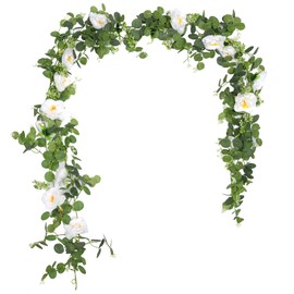 2 Pcs Total13Ft Eucalyptus Flower Garland with Fake Rose Flower, Artificial Fake Flowers Greenery Garland Floral Vines for Decoration Party Wedding Table Indoor Outdoor Backdrop Wall Decor(White)