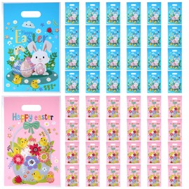50 Pcs Easter Treat Bags with Handles, Goodie Treat bags for Kids, Plastic Candy Goody Gift Bags for Easter Party Decorations Supplies Favors