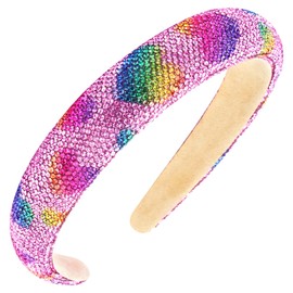 KICOSY Sparkly Pink Rhinestone Headband for Girls Cute Padded Heart Crystal Hair Accessory Glitter Rainbow Headwear