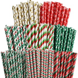 VITEVER 200 Christmas Paper Straws, 8 Styles with Christmas Tree, Snowflakes and Striped Motifs for Christmas Decorations and Gifts