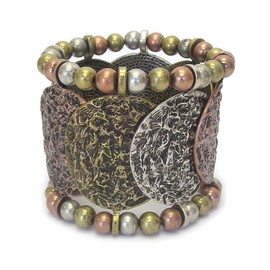 Fashion Jewelry ~ Burnished Metal Disc and Ball Wide Stretch Bracelet for Women Casual