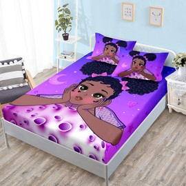 HOSIMA Black Girl Magic Bedding Set for Girls Bedroom Set,African American Black Girl Bedding Twin Fitted Sheet Set,Black Hair Girls Print Fitted Sheet Twin Size, 1 Fitted Sheet 2 Pillowcases.