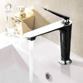 HMEGAO Chrome Modern Bathroom Sink Faucet, Made of Solid Brass, Bathroom Vanity Silver Art Tap, with High Pressure Hoses for Hot and Cold Water