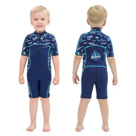 Goldfin Kids Wetsuit for Boys Girls, 3mm Shorty Wetsuits Neoprene Front Zip Wet Suits for Water Sports Surfing Swimming Snorkeling Diving Blue Size 6