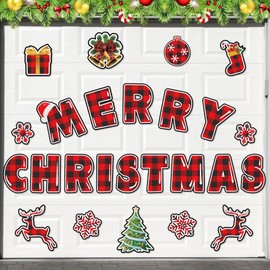 JAYEE Garage Door Christmas Decorations Magnets, 8" Large Merry Christmas Garage Door Banner, Car Magnets Refrigerator Stickers Decal, 25 Pcs Buffalo Plaid Magnetic Xmas Holiday DIY Decor