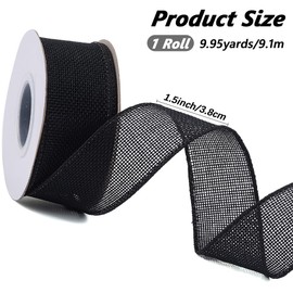 CABODYALS 9.1M 38mm Black Burlap Wired Edge Ribbon Vintage Natural Jute Cross Woven Rustic Trim Holiday Decorative Linen Hessian Ribbons for Sewing Making Crafts Decorations Supplies Gift Wrapping