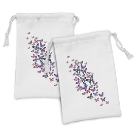 Ambesonne Butterflies Fabric Pouch Set of 2, Various Different Wings Feminine Companionship Funny Animal Print, Small Drawstring Bag for Toiletries Masks and Favors, 9" x 6", Blue Purple Pink
