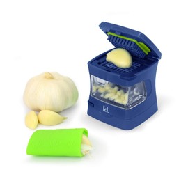Prensa de ajo, trituradora, cortadora, picadora y contenedor de almacenamiento, incluye peladora de ajo de silicona, fácil de limpiar, cuchillas de acero inoxidable, (azul),