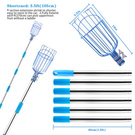 Achort Fruit Picker Tool, 13-Foot Fruit Picker with Light-Weight Aluminum Telescoping Pole and Basket, Fruit Grabber Easy to Assemble, Use Fruits Catcher Tree Picker for Getting Apple (Blue)