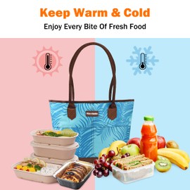 Tirrinia Insulated Lunch Bag for Women, Waterproof Large Lunch Box with Front Pockets Leakproof Lunch Cooler Tote Bag Reusable for Work Picnic, Best Holiday gift Day Gift for Women, Aqua Leaf