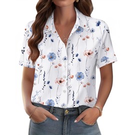 Zeagoo Women's Casual Short Sleeve Floral Tropic Print Summer Blouse Top Hawaiian Button Down Shirts
