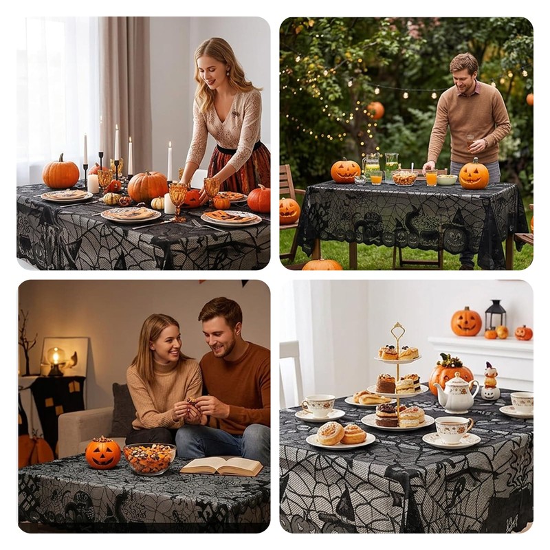 1Pack Halloween Table Cloth, Black Lace Design with Pumpkin Bat