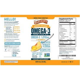 Barlean's Mango Peach Omega 3 Fish Oil Liquid Supplement with Vitamin D, 1080mg EPA & DHA Fatty Acid, Smoothie Flavored & Burpless for Brain, Joint, & Heart Health, 32 oz