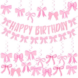 CIEHER Pink Bow Party Decorations, Happy Birthday Banner & Bow Banner & 21 Pcs Bow Hanging Swirls for Birthday Party