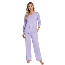WiWi Womens Pajamas Set Sleepwear Loungewear Long Sleeve Pajama Sets Soft Pjs Viscose from Bamboo 2 Piece PJ S-XXL, D-taro Purple, XX-Large