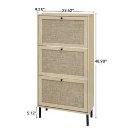 OPODEE Natural Rattan Shoe Storage Cabinet for Entryway, 24 in Wide Slim Shoe Cabinet with 3 Flip Drawers and Double Shelves, Modern Shoe Organizer Cabinet for Hallway, Mudroom, or Small Spaces