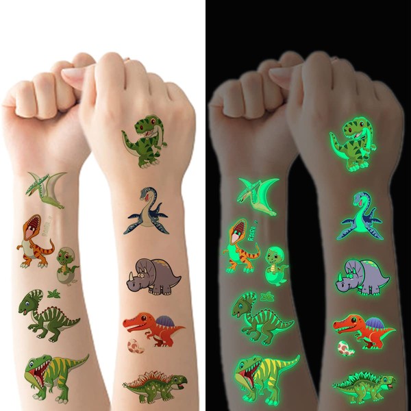 Tatuaggi Temporanei per Bambini, 10 Fogli Luminous Adesivi Tatuaggi Finti, Tatuaggio Set de Temi Dinosauro, Ragazzo Ragazza Compleanno Festa Giochi Regalini Giocattoli