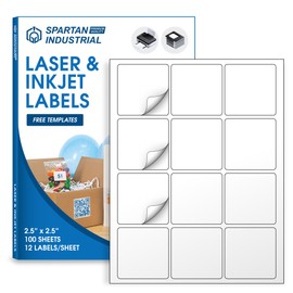 Spartan Industrial Printable Laser and Inkjet Labels - 2 1/2" X 2 1/2" White Square Labels - 100 Sheets, 1200 Total Labels for QR Codes, Barcodes, Logo Designs, and More