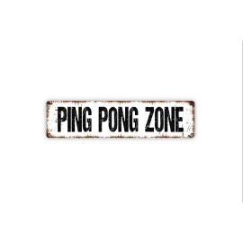 North Star Rustics Ping Pong Zone Sign - Play Paddle Ball Net Table Tennis Arcade Game Room Rustic - White With Faux Rust, 3" x 12" W/Holes As Pictured