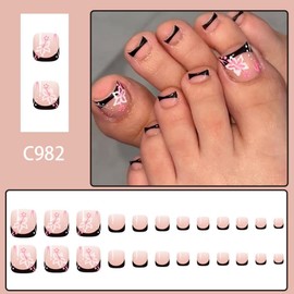 Black French Tips Press on Toenails Short Square False Toenails with Pink Flower Design Full Cover Skin Tones Fake Toenails Glossy Summer Toenails Reusable Toenails for Women Girls Manicure 24Pcs