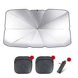 Holy Feather Foldable Car Sunshade with 4 Car Window Shade - Titanium-Plated Silver Coating for Heat Insulation - Ultimate Shades and Privacy Protection with Automatic Retraction (Large Size)