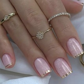 LWTZLW Fall French Tip Press on Nails Short Square Fake Nails Pink Glitter Full Cover Glue on Nails Gold French Tip Design Oval Acrylic False Nail Autumn Glossy Artificial Nail Reusable for Women