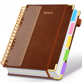 Hardcover Spiral Notebook 8"x10" Journal Notebook with Tabs and Removable Dividers 300 Pages 5 Subject Notebook College Ruled, Faux Leather Spiral Bound Notebook for Women, Students, School Work (Brown)