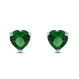 Heart Shape Simulated Green Emerald Stud Earrings In 14K White Gold Over Sterling Silver