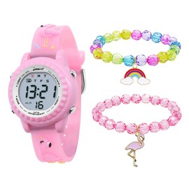 HMJIA 3D Cartoon Design Watch for Children Boys and Girls 3ATM Waterproof Children's Watch with Alarm Clock Date Stopwatch LED, Led Pink Flamingo