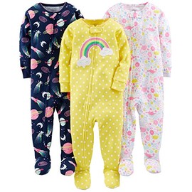 Simple Joys by Carter's - Pijama de algodón con pies para niñas pequeñas, paquete de 3, dinosaurio/espacio/arco iris, 4T