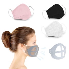 VNFOX 3+1PCS Cotton Face Washable Reusable Anti Dust Face Mouth, Holder Frame Nose Breathing smoothly for Women Made in usa (3 PACK-Black/Gray/Pink and 1 Pack Face Bracket, Big Adult)
