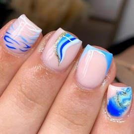 Vezocim Press on Nails Square Short Sets, 24Pcs Glossy Artificial French Fake Nails with Blue Line Designs, Full Cover Acrylic Coffin False Fingernails with Charm for Women Girls