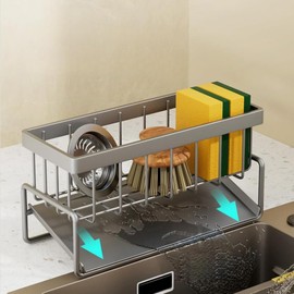 FAWEGO Sponge Holder, Sink Caddy Sponge Holder for Kitchen with Stainless Steel Self Drain Tray and Dish Cloth Hanger, Soap Dispenser Storage Kitchen Accessories