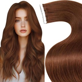 LaaVoo Tape in Hair Extensions Human Hair 20pcs Real Remy Red Brown, Straight Hair with Invisible Tape, Single Sided Tabs & Retape Ready Extensions 30g 12 Inch #33