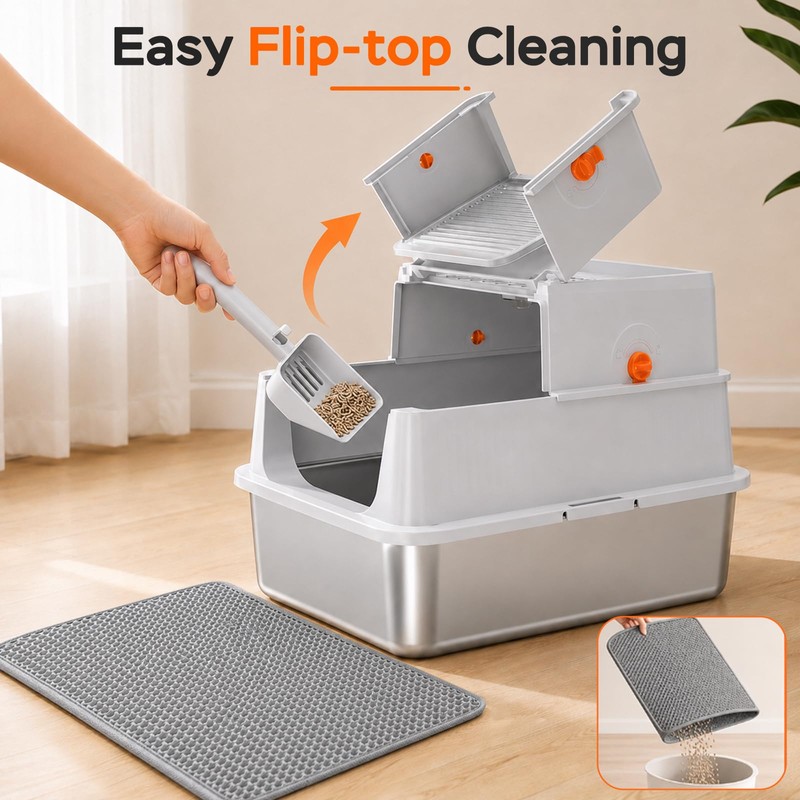 Devopet Stainless Steel Litter Box with Lid, Enclosed Cat Litter