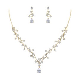 EVER FAITH Juego de joyería para Banquete de Boda para Novia, Lágrima Blanca Corte Redondo CZ Racimo de Flores Collar de Vid Conjunto de Pendientes Tono Dorado de 14K