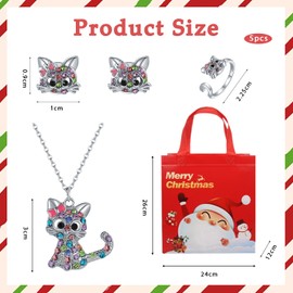 MOPQMKT Necklace Girls 5 Pieces Cute Cat Necklace for Girls Necklace Earring Ring Christmas Bag Pendant Necklace with Crystals Birthday Gift for Children Girls Gift for Christmas