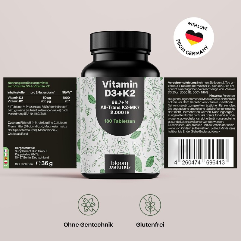 Vitamin D3 K2 High Dose - 180 Tablets with 2000