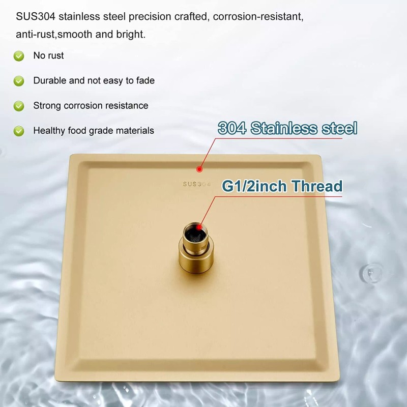 BWE Brushed Gold Shower Faucet System 12" Rain Combo Head