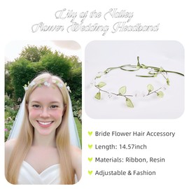 Fosrisix Lily of the Valley Flower Headband Girls Green Ribbon Bridal Crown Dainty Vine Floral Wedding Hair Accessories for Women Brides Bridesmaid