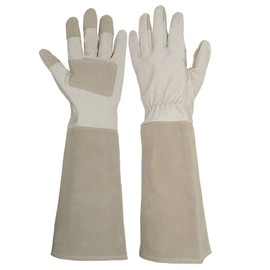 Long Sleeve Leather Gardening Gloves,Puncture resistant,Breathable Pigskin Leather Gauntlet,Rose Pruning Floral Gauntlet Garden Gloves For Women and Men (Medium, Beige)