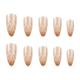 Glitter Press on Nails Medium Almond Fake Nails Nude Gradient Acrylic Nails Nature Ombre False Nails Press on Gold Glitter Artificial Nails Glue on Nails for Women Girls Manicure 24Pcs