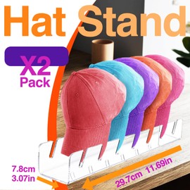 JIANGLAI Hat Stand for Baseball Caps, Acrylic Hat Storage Organizer and Display, Hat Holder for 14 Caps, Hat Racks for Home, Bedroom, Closet, Dresser, No Install 2 Pcs(Clear)