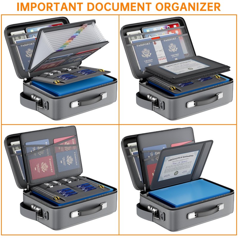 DocSafe Fireproof Document Box with Lock＆Shoulder Strap,Hard Case File Organizer