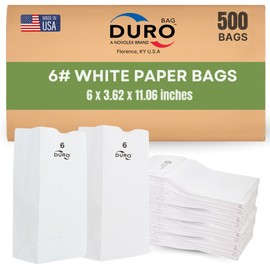 Duro 6# White Paper Lunch Bags 500-Count, Bulk Disposable Paper Lunch Sacks, Small SOS Bags for Popcorn, Candy, Snacks & Treats - 6.00 x3.62 x 11.06 Inches