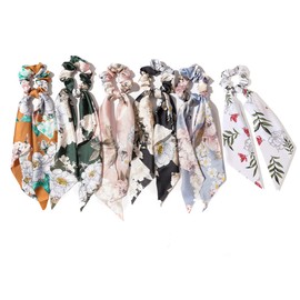 Fezf Pack of 6 Flower Headband Elastic Satin Hair Scrunchies with Removable Bow Ponytail Holder Ponytail Braid Hair Accessories