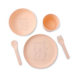 BIOZOYG Children's Crockery Set 5-Piece Organic Plastic I Breakfast Set Dishwasher Safe I Plate Bowl Cup Spoon Fork I Gift Ideas for Children I Funny Children's Tableware with Animal Motif Tiger