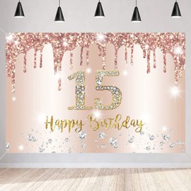 15th Birthday Decoration Happy 15 Birthday Backdrop for Girls Fifteen Birthday Party Background Glitter Rosegold Party Banner Kids Photo Studio Props