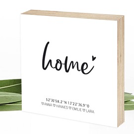 Wunderpixel® Holzbild home Koordinaten - personalisiert mit Namen - 15x15x2cm zum Hinstellen/Aufhängen, echter Fotodruck auf Holz - Wand-Bild Aufsteller Zuhause Dekoration Geschenk-Idee Familie