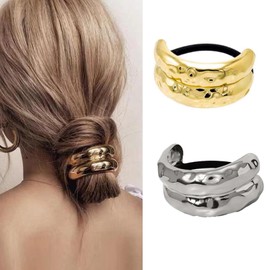 2PCS Metal Hair Ties Ponytail Hair Cuff, Women's Glossy Double Arch Ponytail Hair Tie,Metal Ellipse Elastic Hair Bands, Geometric Retro Temperament Hollow Headband